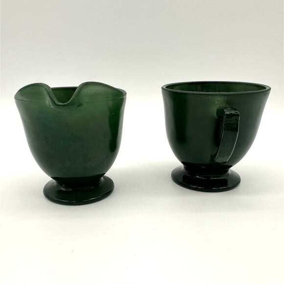 Vintage Creamer Sugar Bowl Set Dark Green Glass Footed Double Handle Christmas - Picture 2 of 9